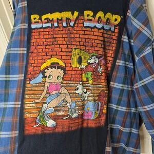 Upcycled Betty Boop t-shirt with plaid flannel OS